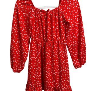 Primark Girls Red Floral Cottagecore Peasant Dress Size 11 12Y Long Slv Ruffle